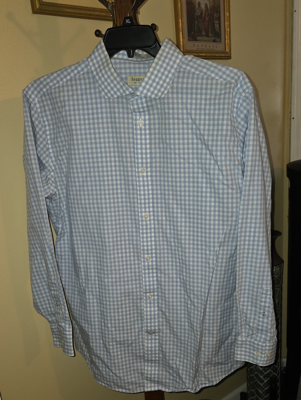Haggar Blue and White Gingham Dress Shirt